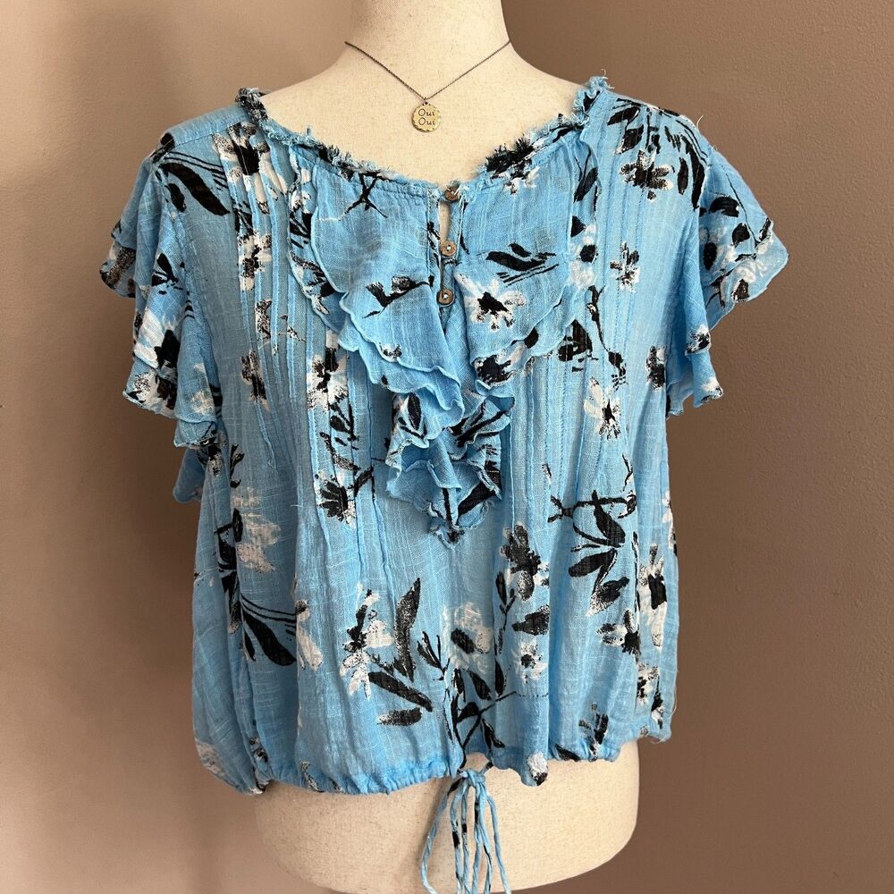 Free People Naya Top Blue Floral Ruffle Boho Flutter Sleeve‎ Forest Fairy Top M